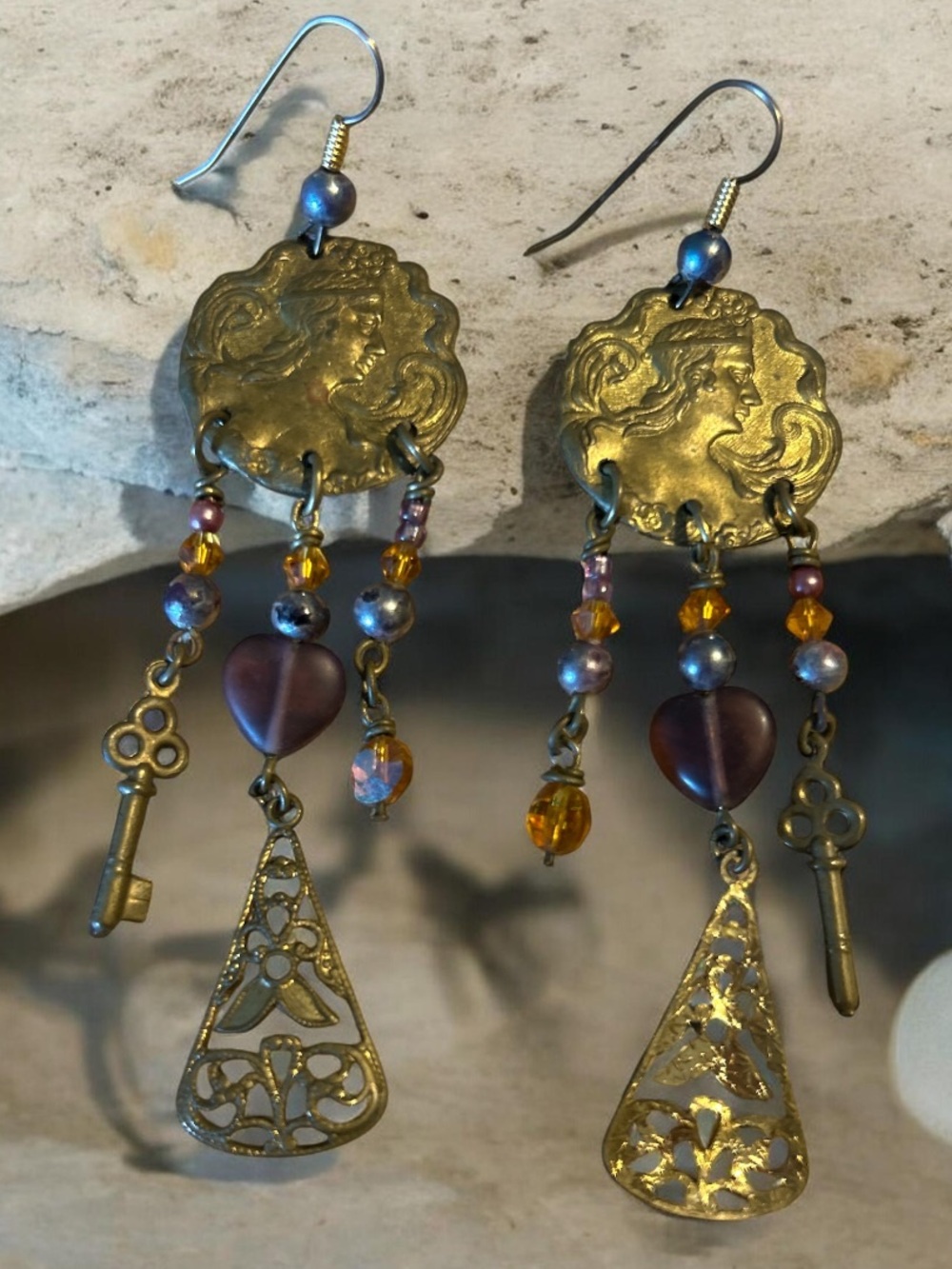 Vintage 1970’s  Pididdly Links Brass Glass/AB Crystal Art Nouveau Long Earrings